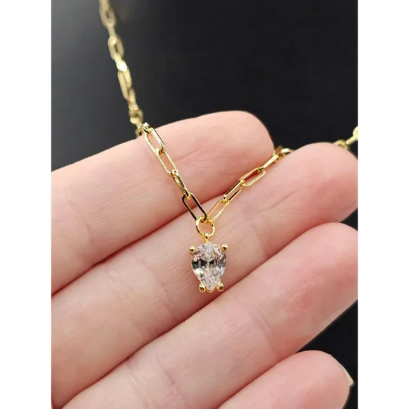🐿 5/$25 🐿 22kt Gold Plated SS Paperclip Chain with Teardrop CZ Pendant 14-18" - Picture 3 of 4